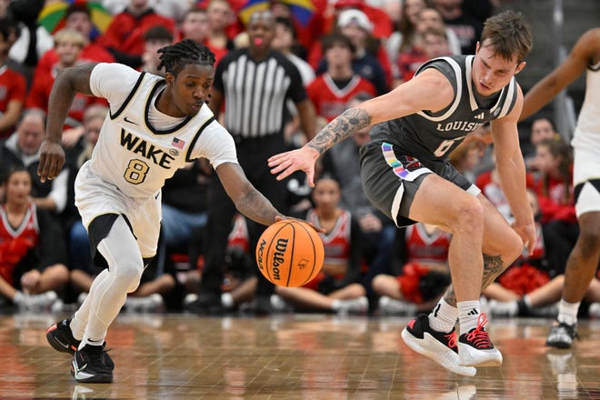 Jan 28, 2025; Louisville, Kentucky, USA; Wake Forest Demon Deacons guard Ty-Laur Johnson (8) steals the ball from Louisville Cardinals guard Reyne Smith (6) during the first half at KFC Yum! Center. Mandatory Credit: Jamie Rhodes-Imagn Images